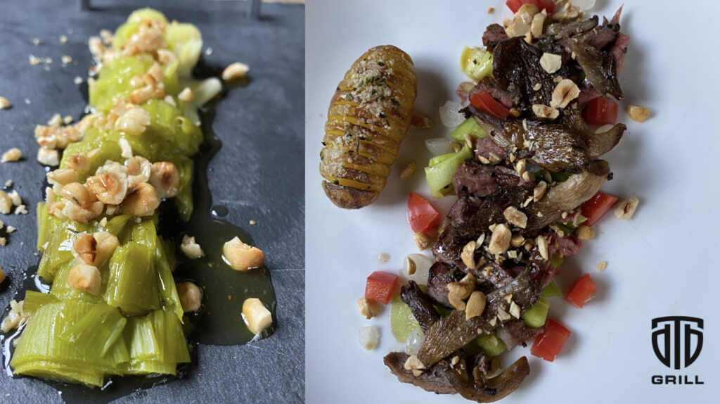 Poireaux grillés au beurre noisette noisettes grillées et tapenade de truffe